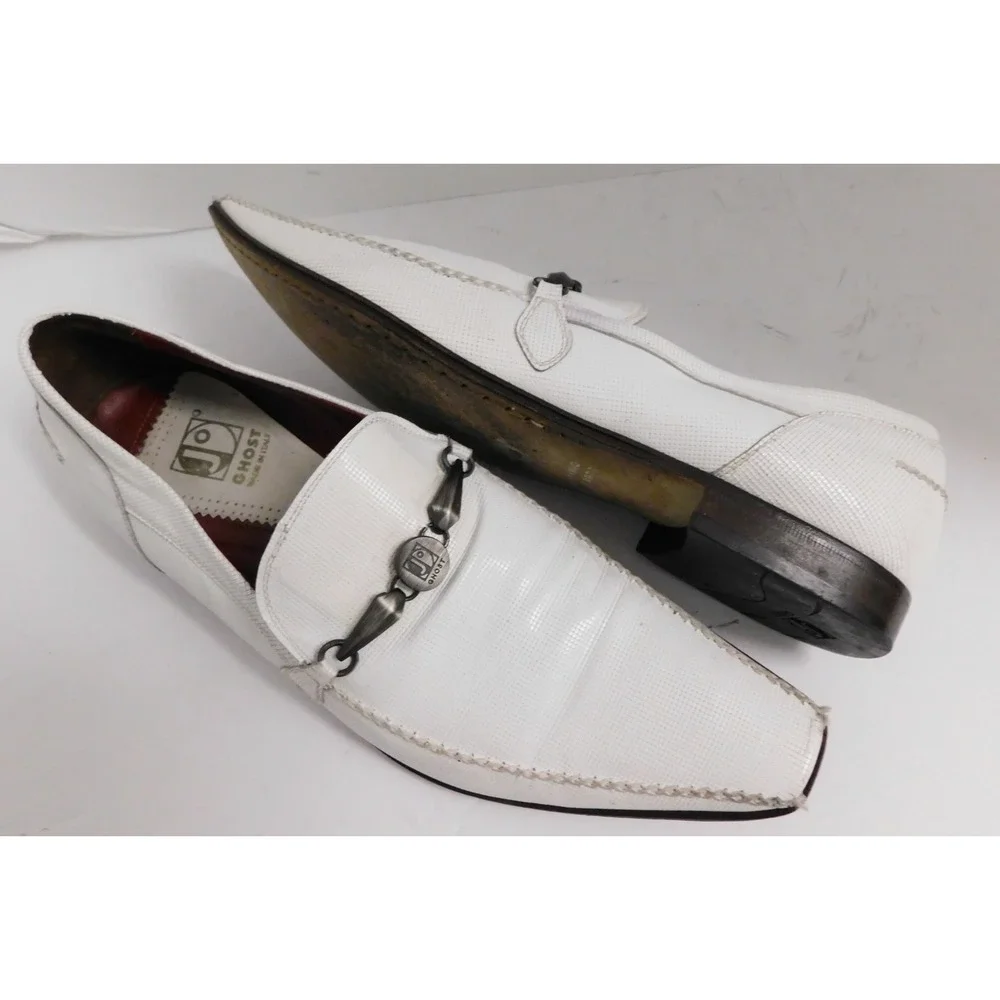 Jo Ghost Textured White Leather Pewter Bit Loafers Italy sz 43
